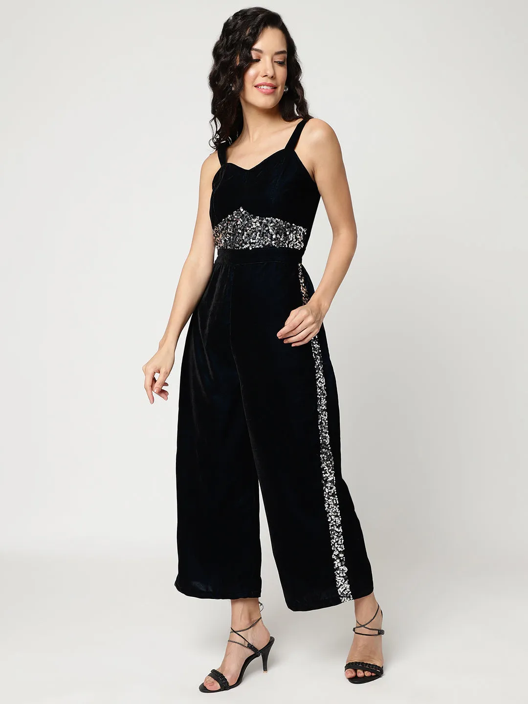 Solid Velvet Jumpsuit With Sequin Patch (Set Of 1)