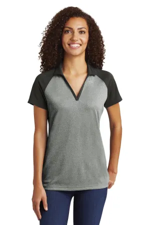 Sport-Tek  Women's PosiCharge  RacerMesh  Raglan Heather Block Polo. LST641 Grey Heather/ Black