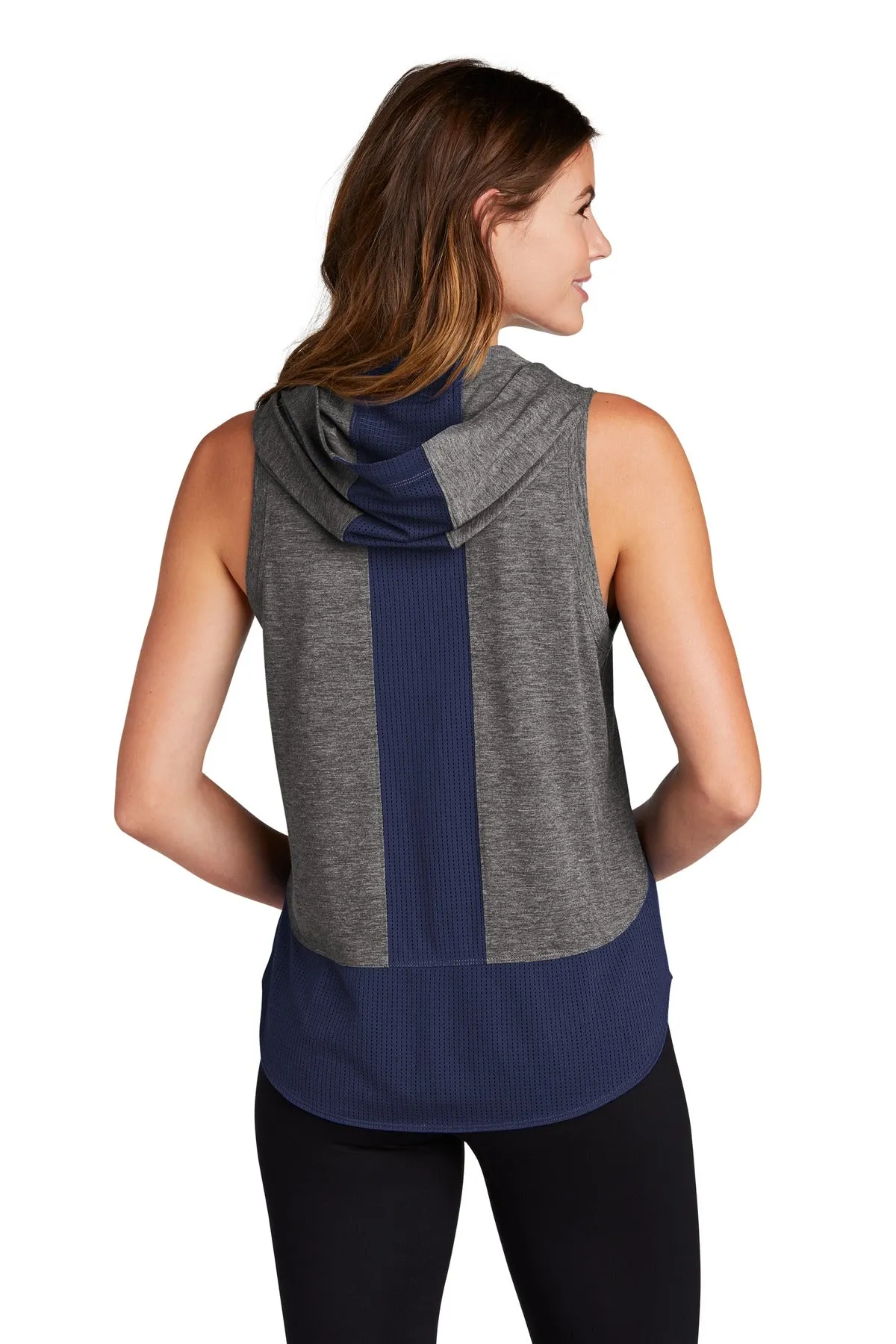 Sport-Tek  Women's PosiCharge  Tri-Blend Wicking Draft Hoodie Tank. LST410 True Navy/ Dark Grey Heather