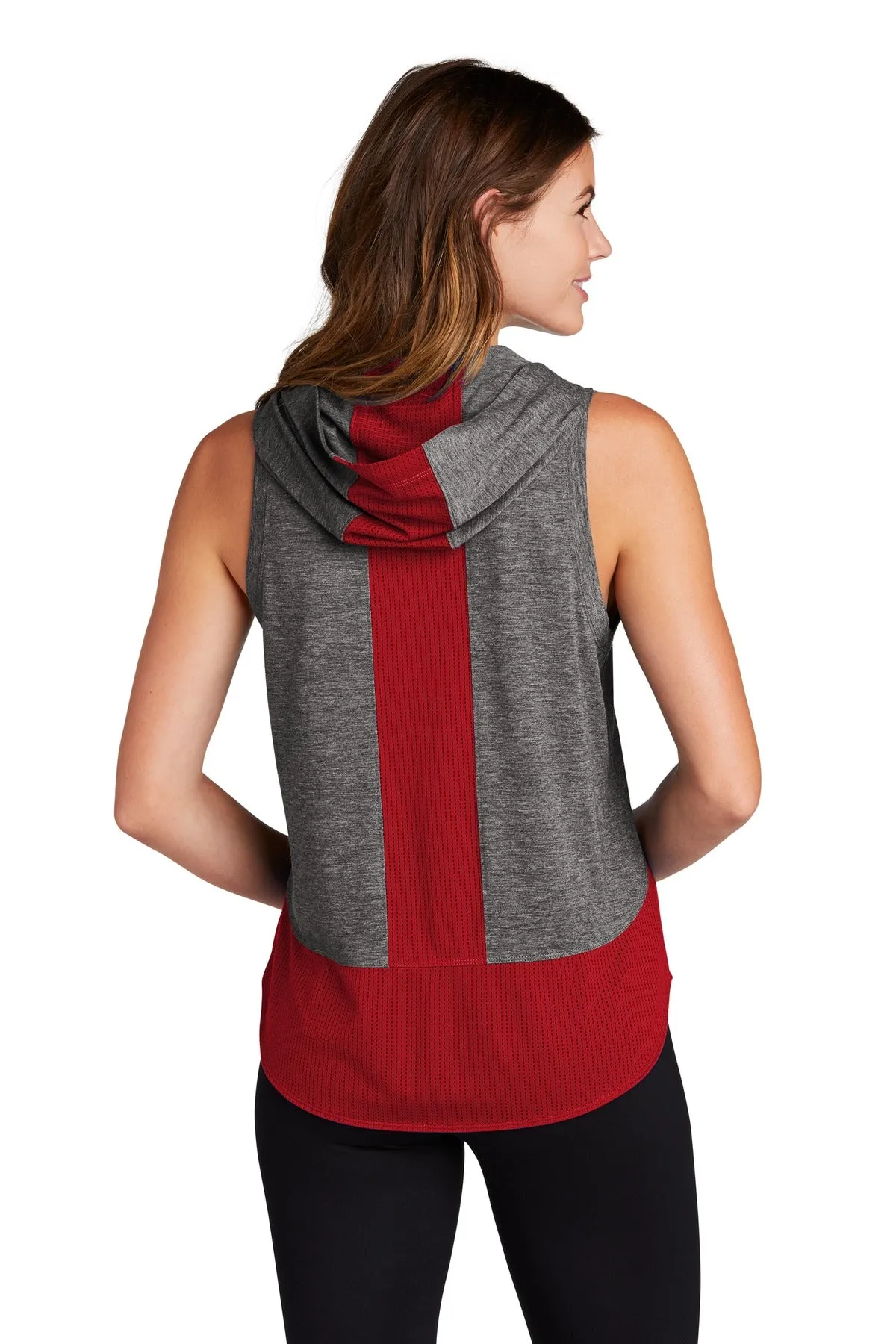 Sport-Tek  Women's PosiCharge  Tri-Blend Wicking Draft Hoodie Tank. LST410 True Red/ Dark Grey Heather