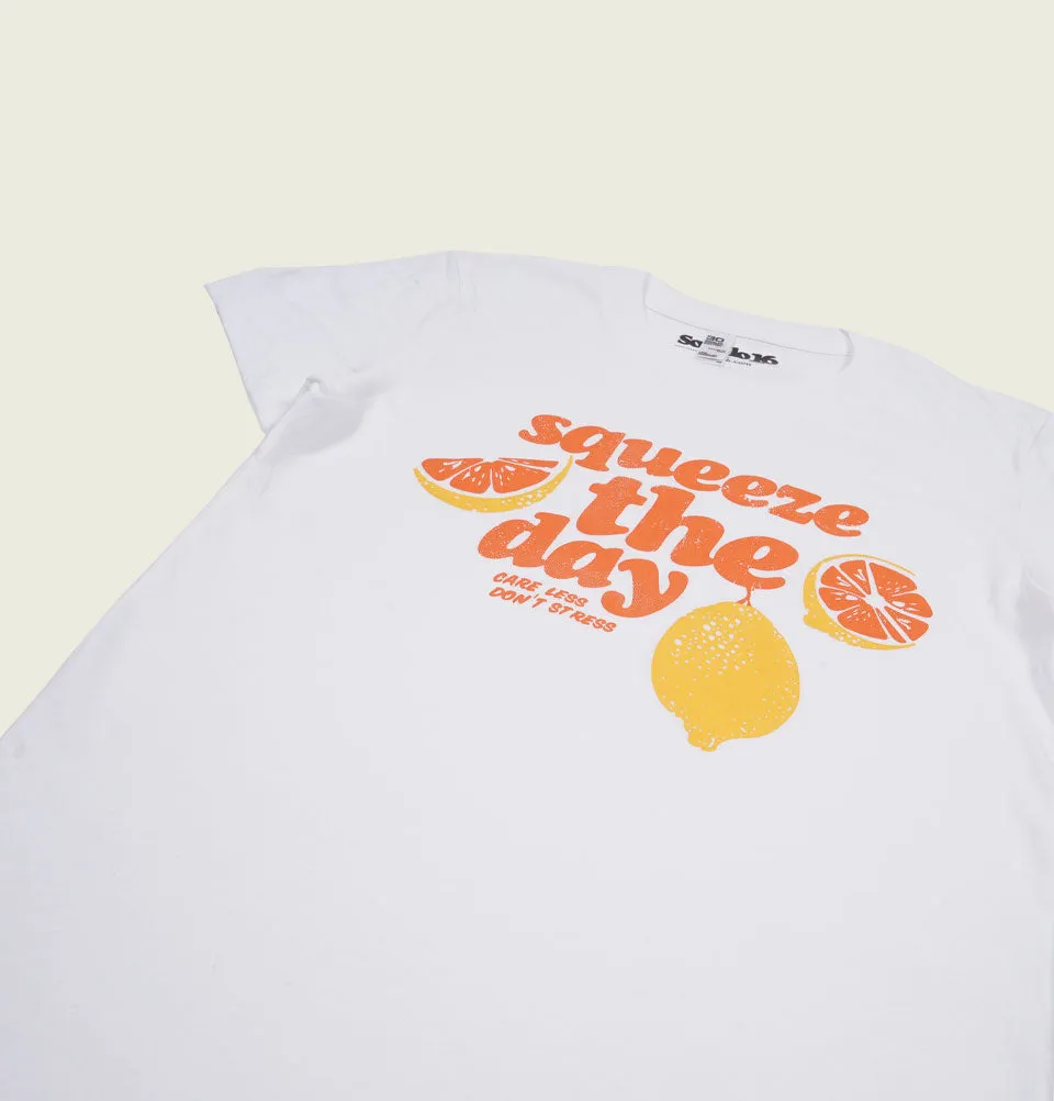 SQUEEZE THE DAY White Women's Fitted T-shirt