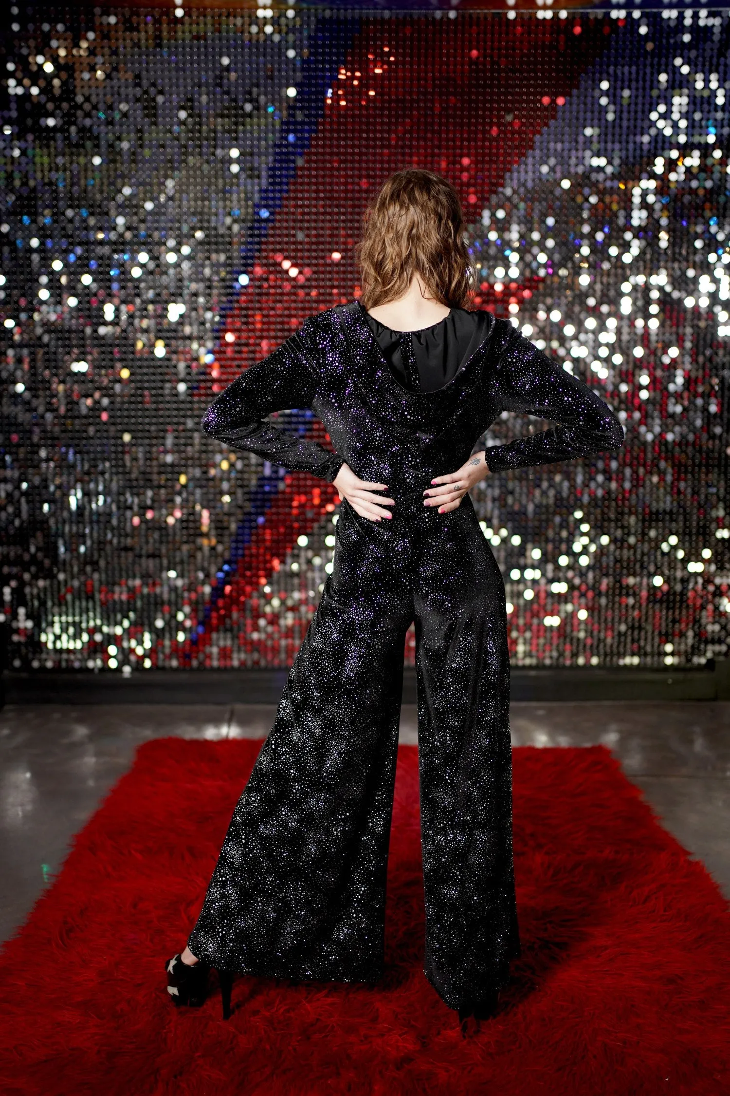 The Madeleine Jumpsuit in Black/Silver Stardust Glitter