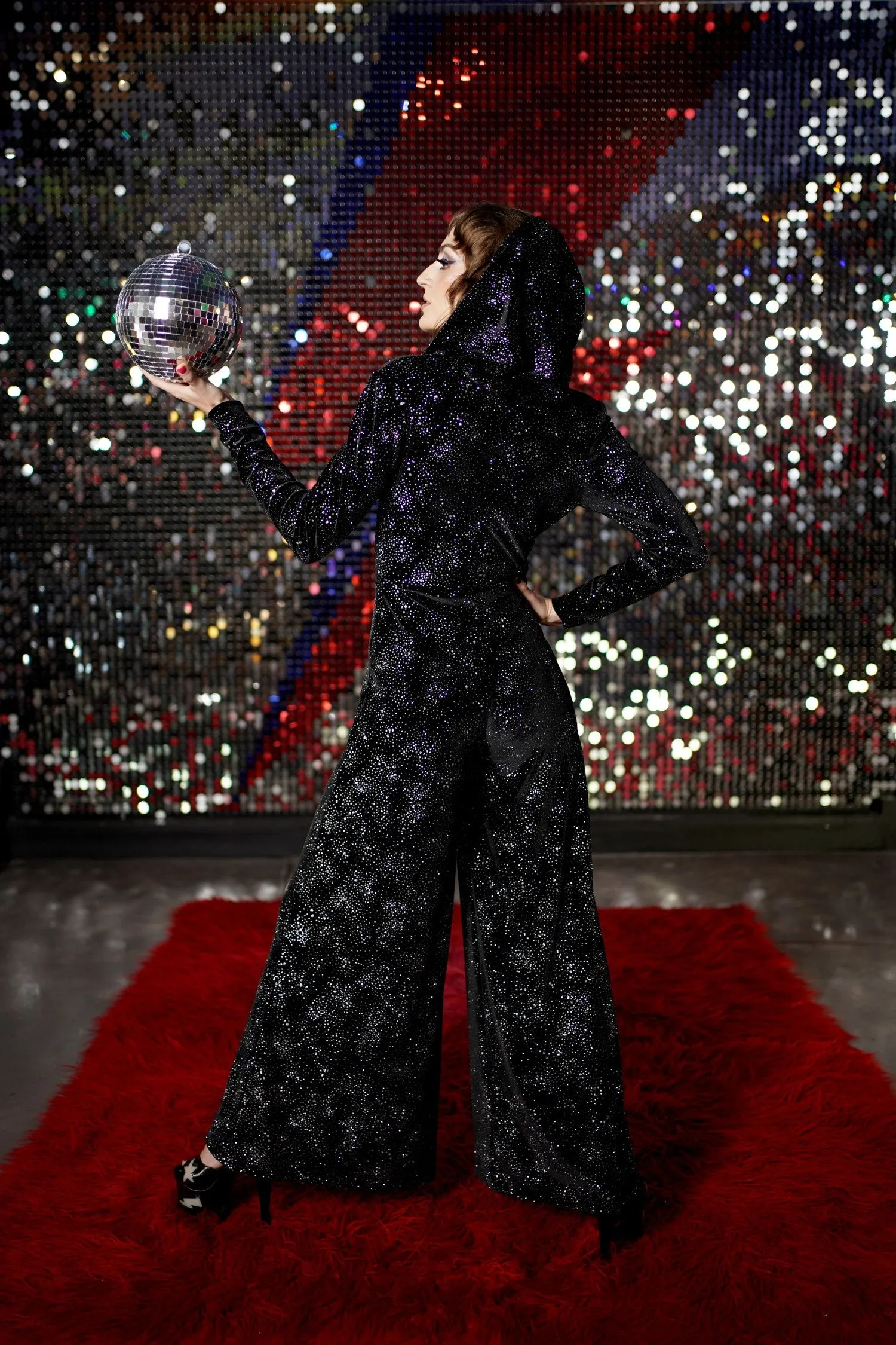 The Madeleine Jumpsuit in Black/Silver Stardust Glitter