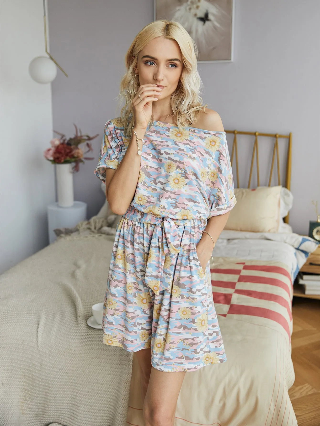 Tie Dye Elastic Waist Lace-up Jumpsuit Daisy Floral Print Loungewear Rompers