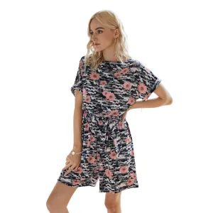 Tie Dye Elastic Waist Lace-up Jumpsuit Daisy Floral Print Loungewear Rompers