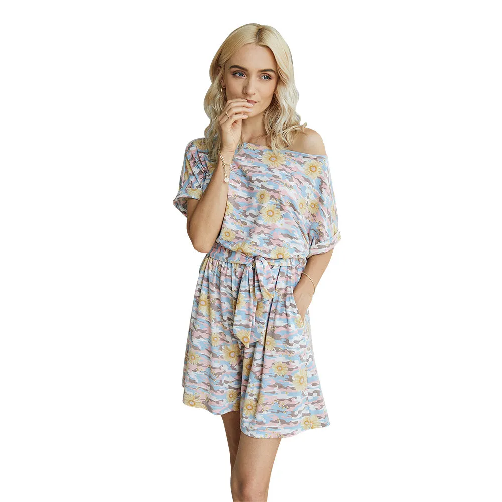 Tie Dye Elastic Waist Lace-up Jumpsuit Daisy Floral Print Loungewear Rompers