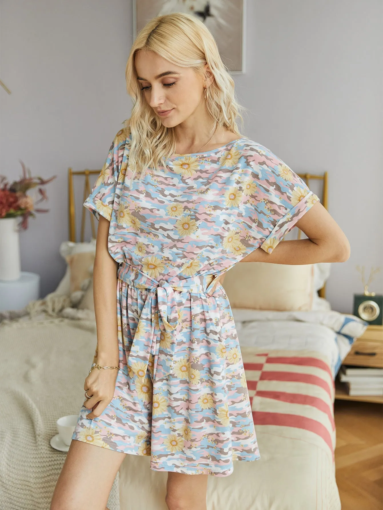 Tie Dye Elastic Waist Lace-up Jumpsuit Daisy Floral Print Loungewear Rompers