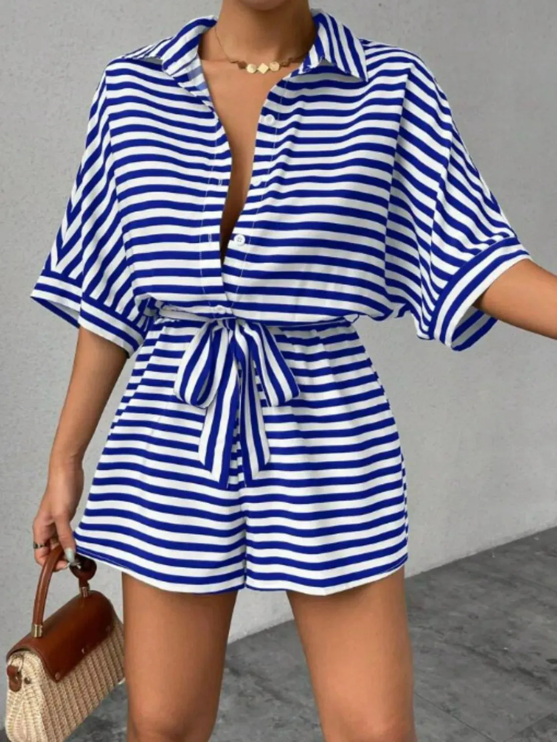 Tie Waist Half Sleeve Romper