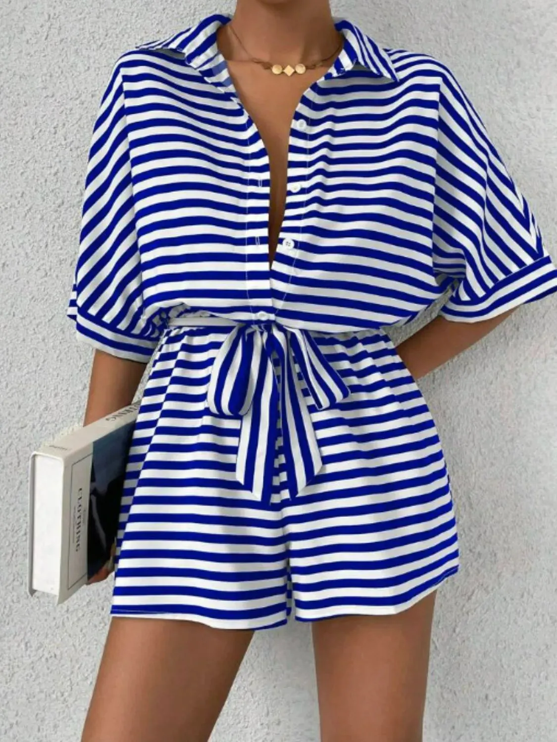 Tie Waist Half Sleeve Romper