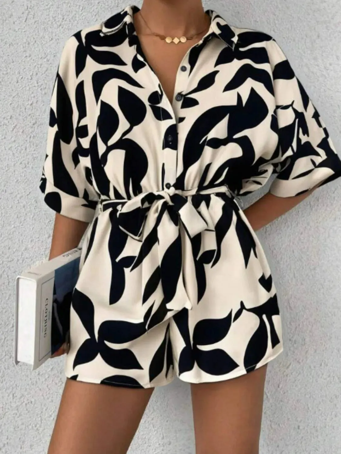 Tie Waist Half Sleeve Romper