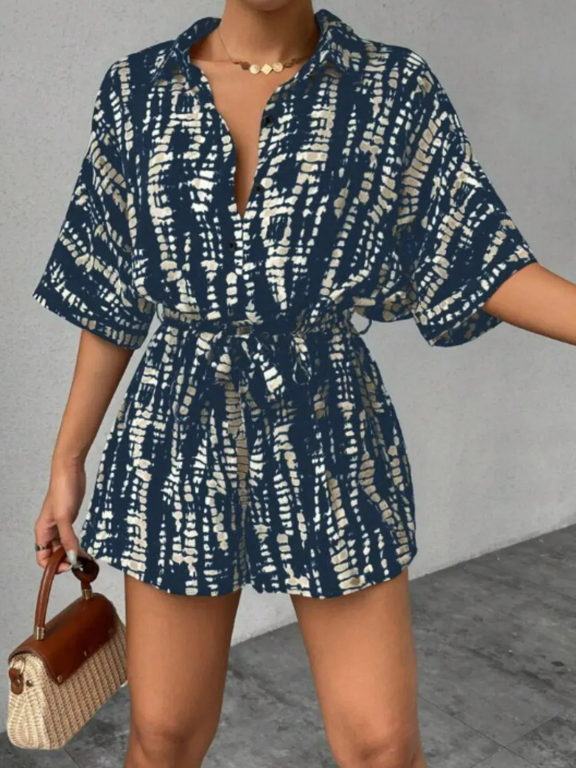 Tie Waist Half Sleeve Romper