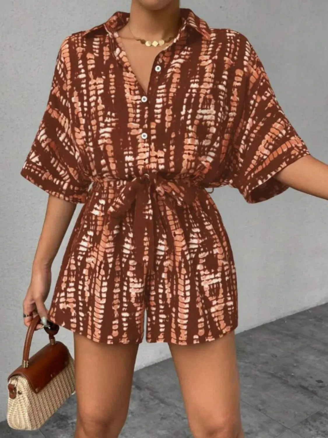 Tie Waist Half Sleeve Romper