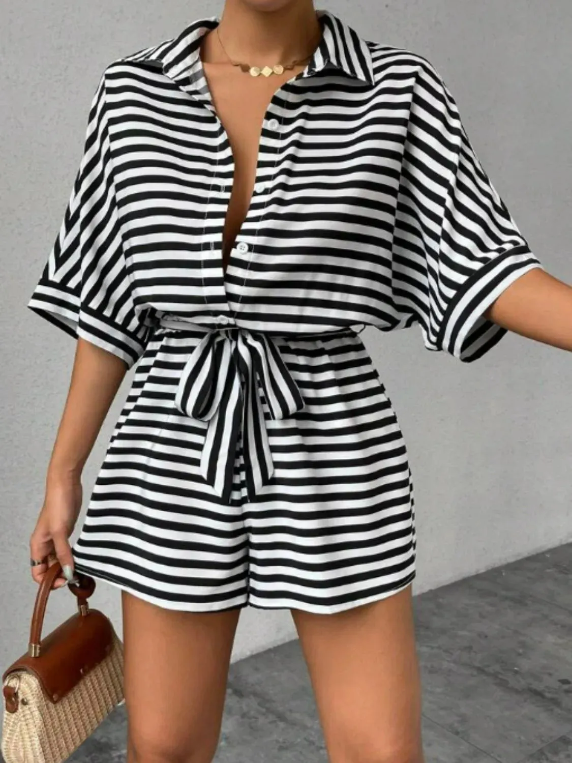 Tie Waist Half Sleeve Romper