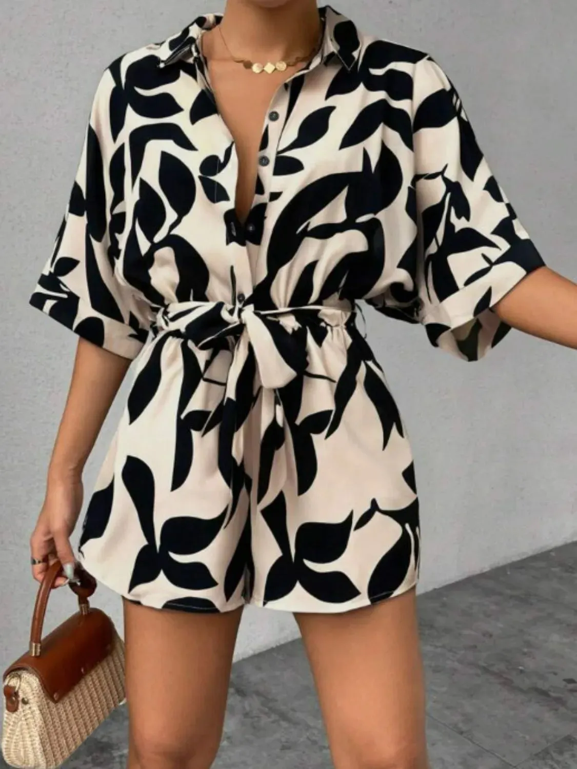 Tie Waist Half Sleeve Romper