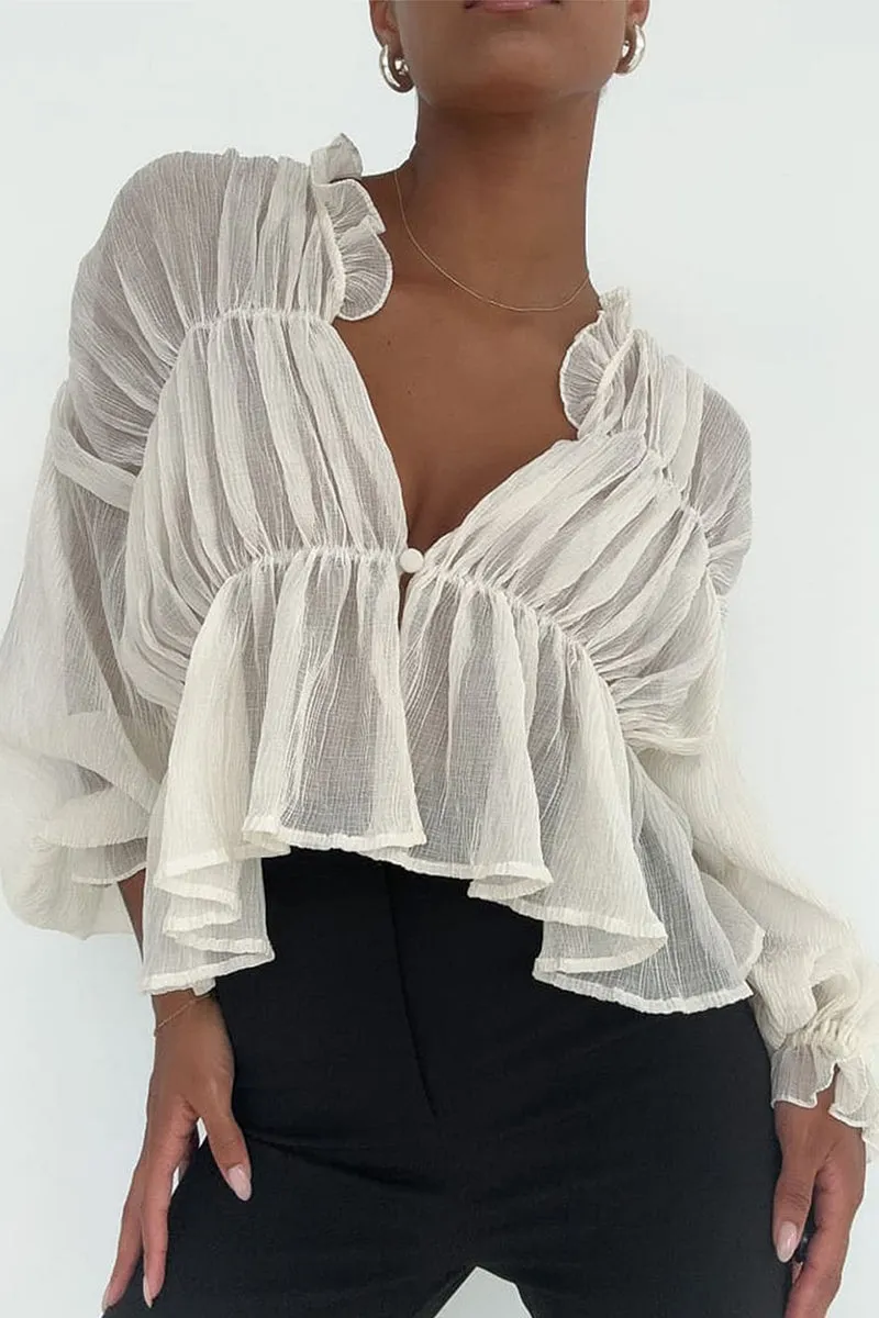 TR3235 Ruffle Sheer Crop Shirt Top