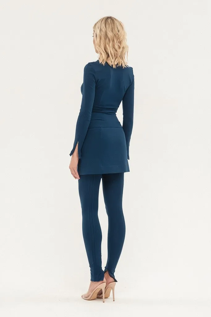 Turquoise Day Crewneck Long Sleeve Solid Color Jumpsuit with Belt-Skirt