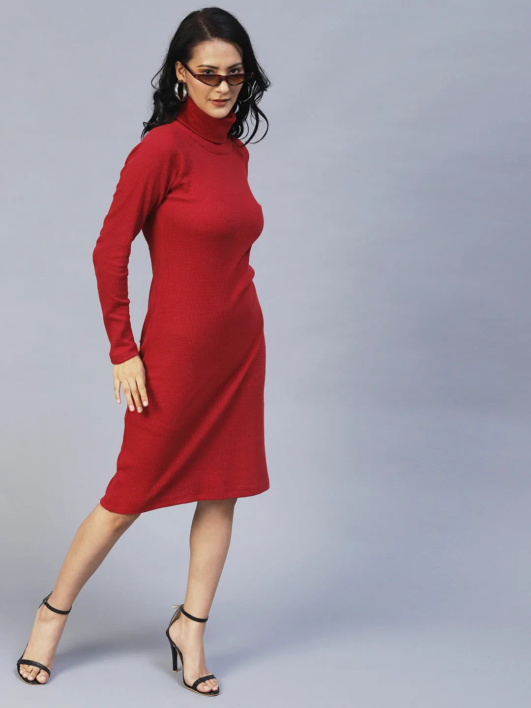 Turtle Neck Waffle Knit Bodycon Dress