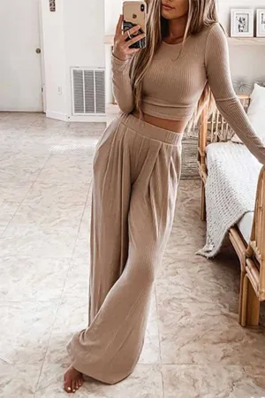 Two-Piece Round Neck Solid Color Long Sleeves Wide Legs(4 Colors)