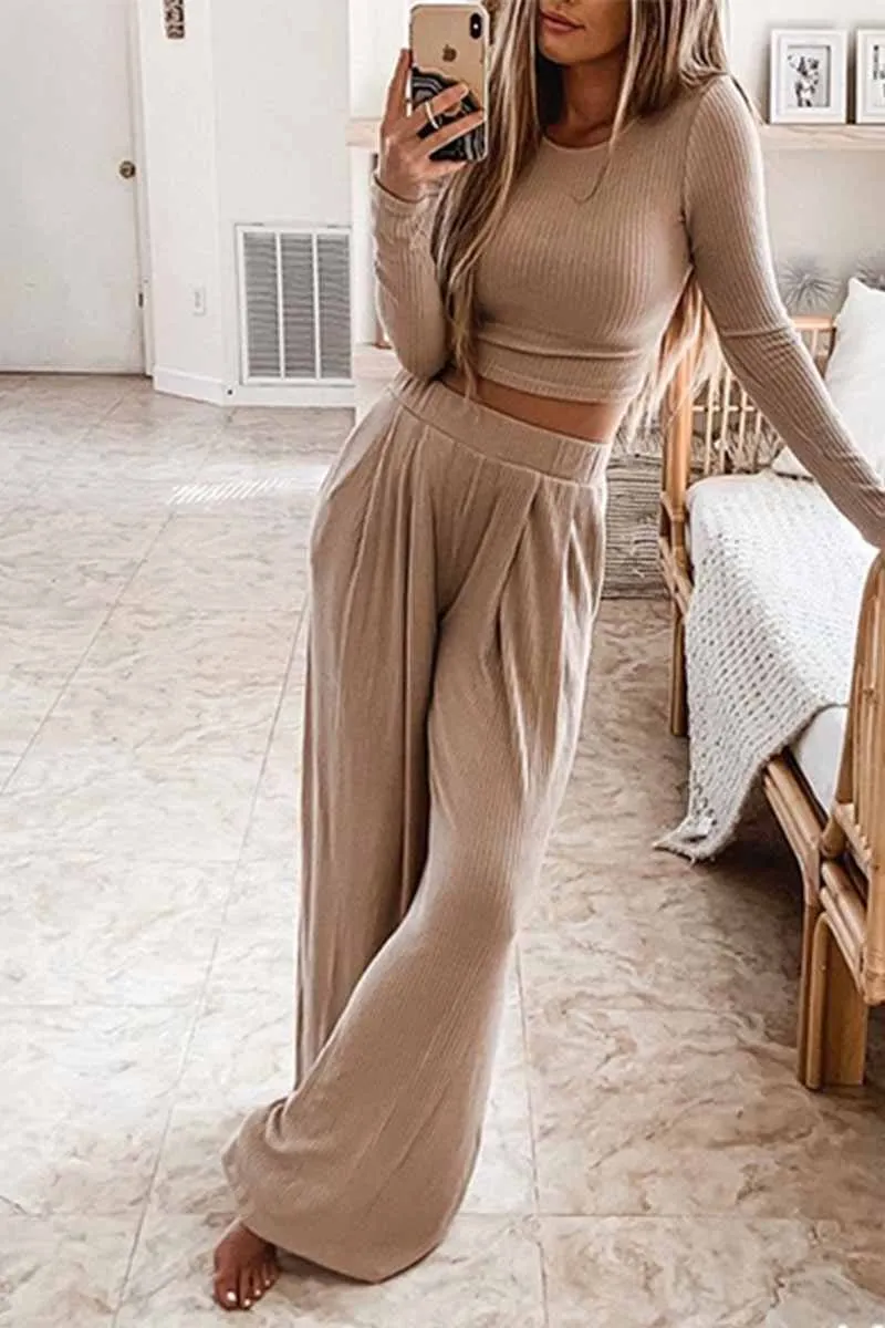 Two-Piece Round Neck Solid Color Long Sleeves Wide Legs