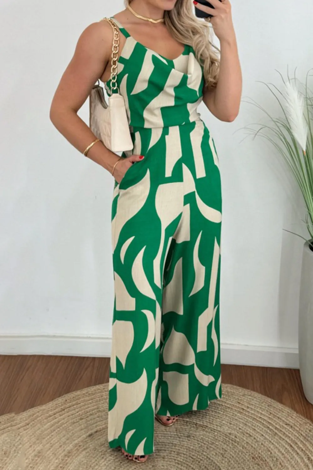 Two-Tone Spaghetti Strap Wide Leg Jumpsuit