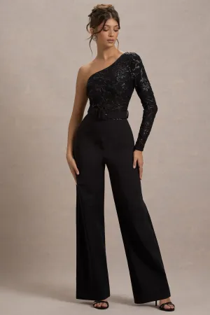 Upgrade | Black Lace Asymmetric Belted Wide-Leg Jumpsuit