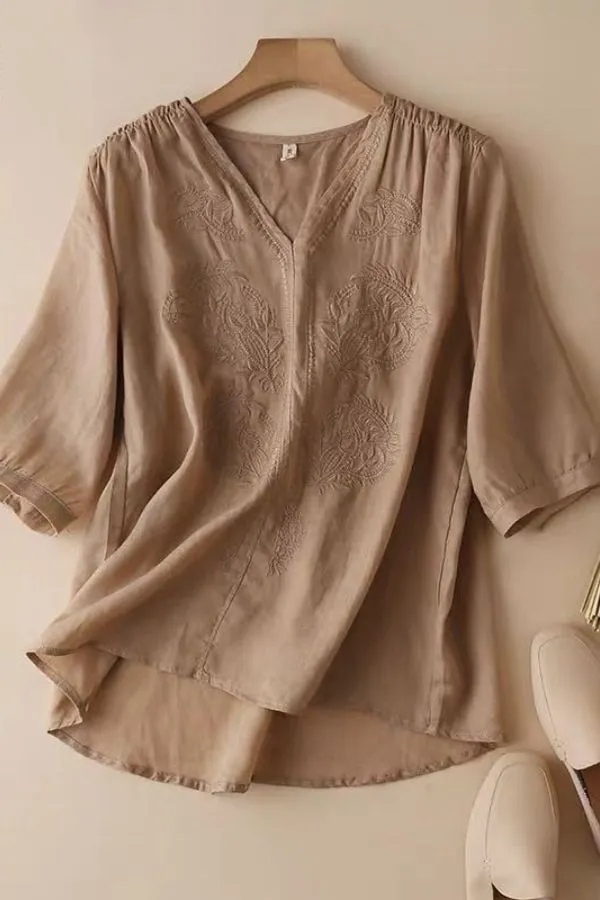 V Neck Embroidery Half Sleeve T-shirt