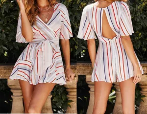 V-neck Waist Strap Striped Short-sleeved Jumpsuit