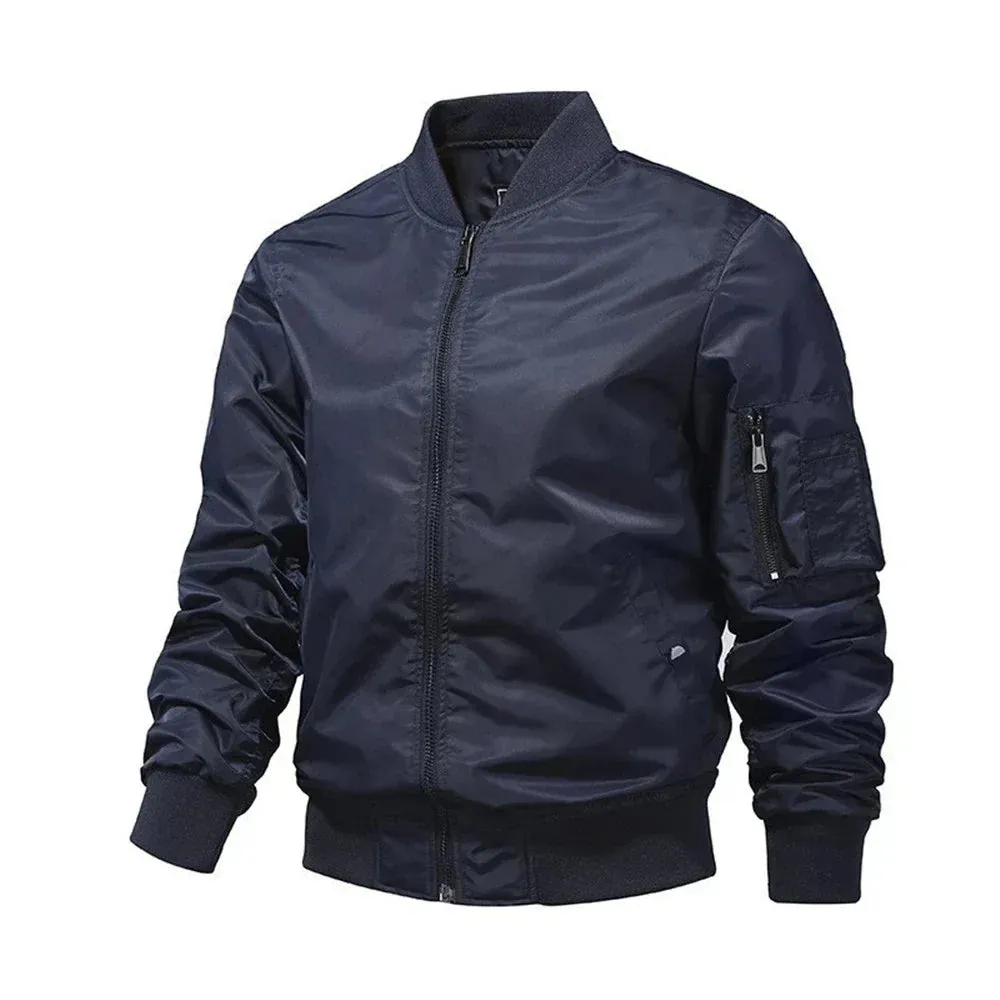 Versatile Solid Zip Bomber Jacket for Men’s Casual Outings