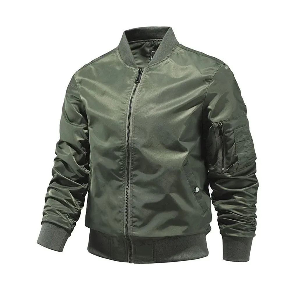 Versatile Solid Zip Bomber Jacket for Men’s Casual Outings