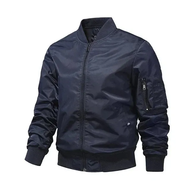 Versatile Solid Zip Bomber Jacket for Men’s Casual Outings