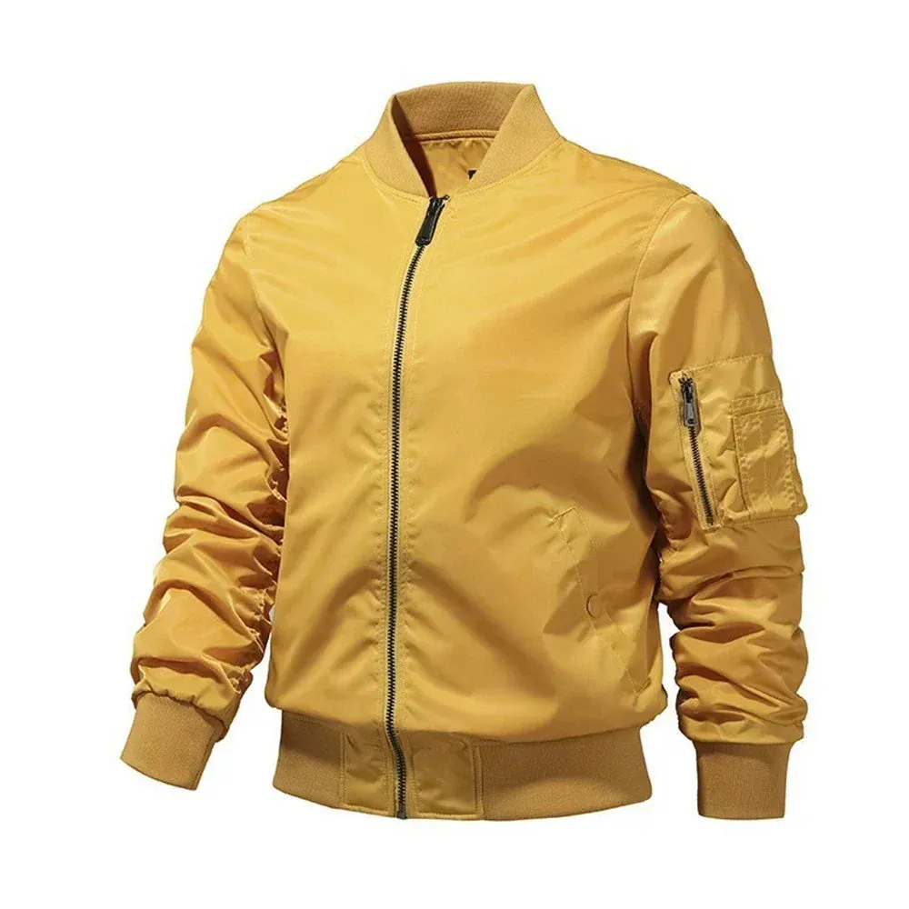 Versatile Solid Zip Bomber Jacket for Men’s Casual Outings