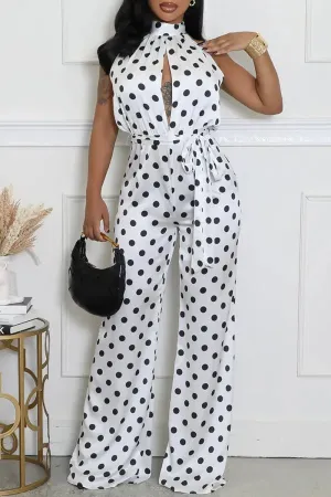 White Polka Dot Print Sleeveless Turtleneck Cut-Out Front Belted Casual Vacation Wide Leg Jumpsuits