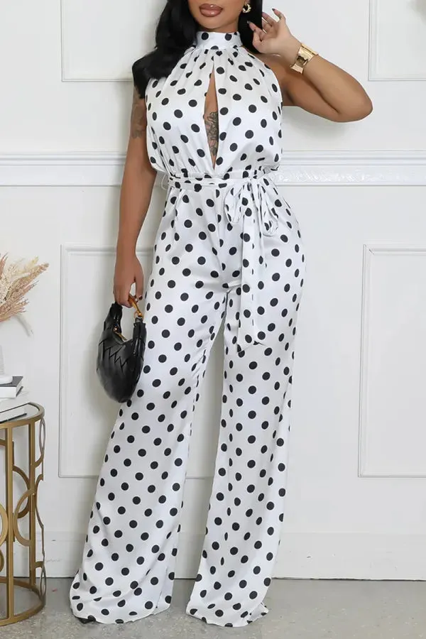 White Polka Dot Print Sleeveless Turtleneck Cut-Out Front Belted Casual Vacation Wide Leg Jumpsuits