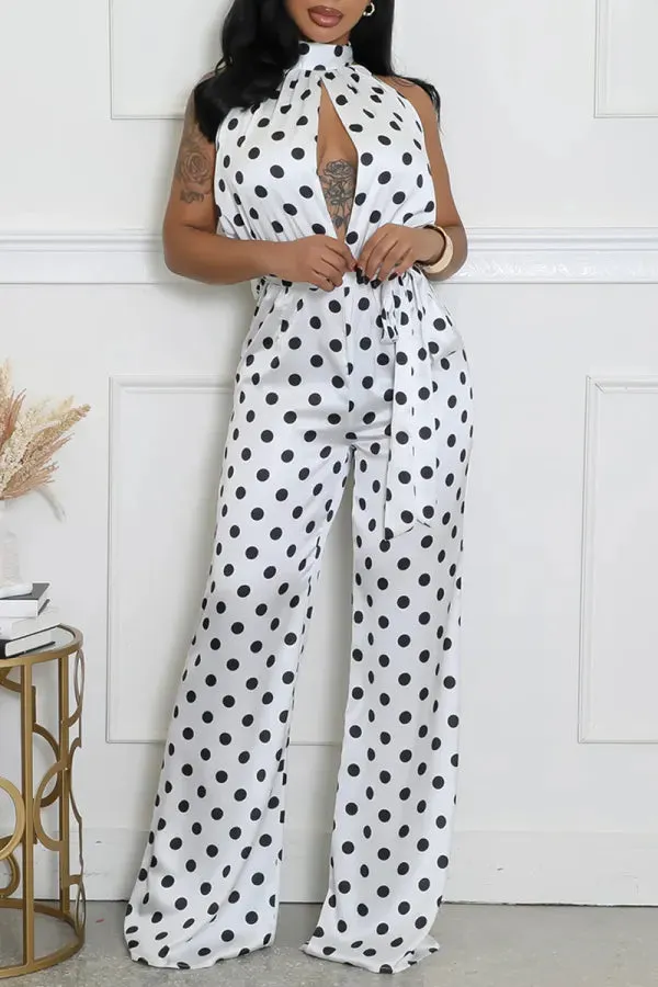 White Polka Dot Print Sleeveless Turtleneck Cut-Out Front Belted Casual Vacation Wide Leg Jumpsuits