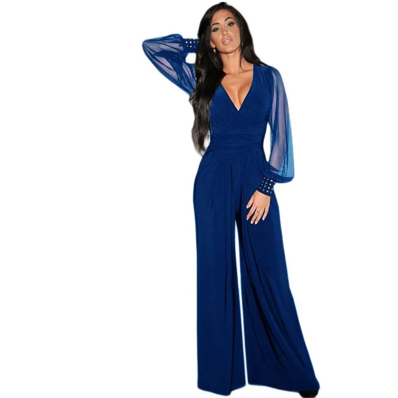 Wide Leg Elegant jumpsuits Black V-neck Embellish Cuffs Long Mesh Sleeves Plus Size Overalls For Women