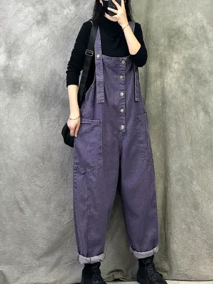 Women Summer Retro Pure Color Denim Jumpsuits