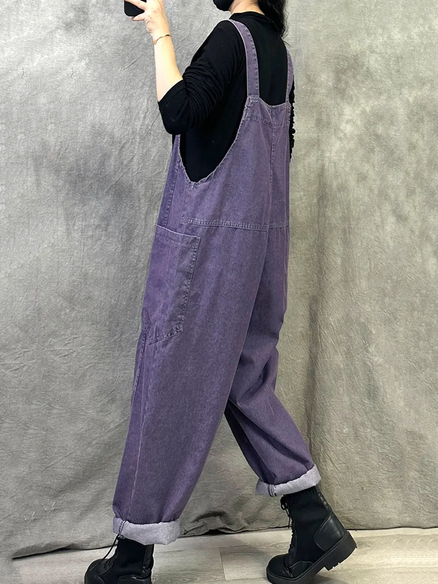 Women Summer Retro Pure Color Denim Jumpsuits