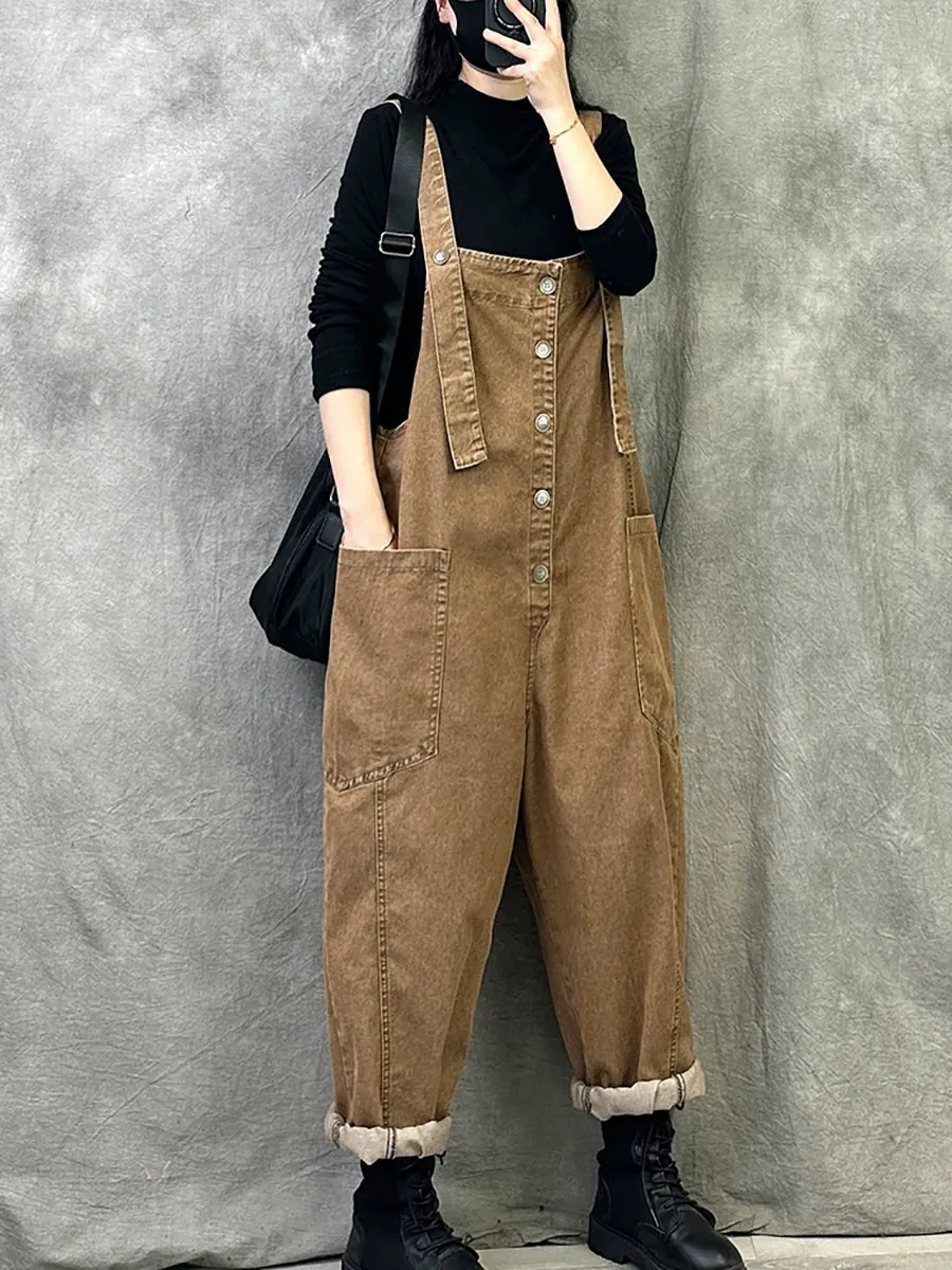 Women Summer Retro Pure Color Denim Jumpsuits