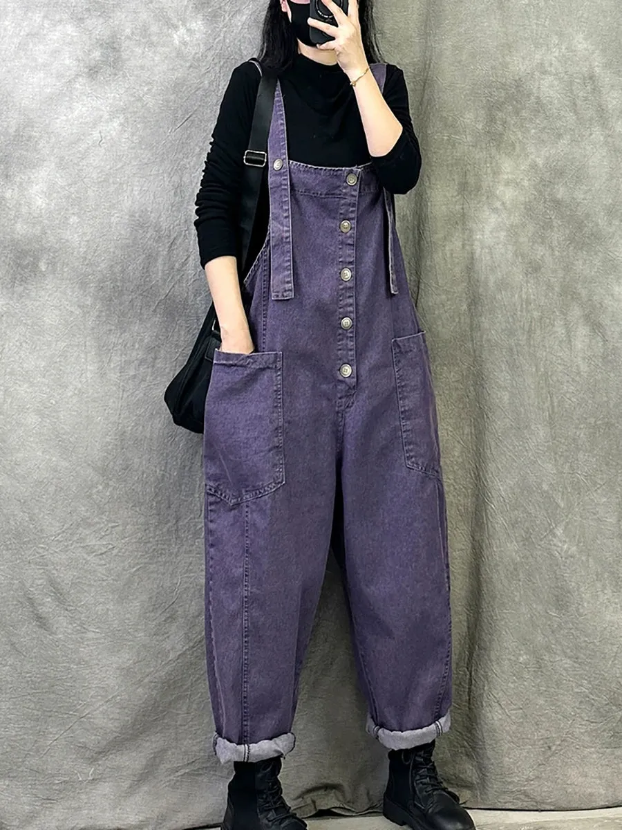 Women Summer Retro Pure Color Denim Jumpsuits