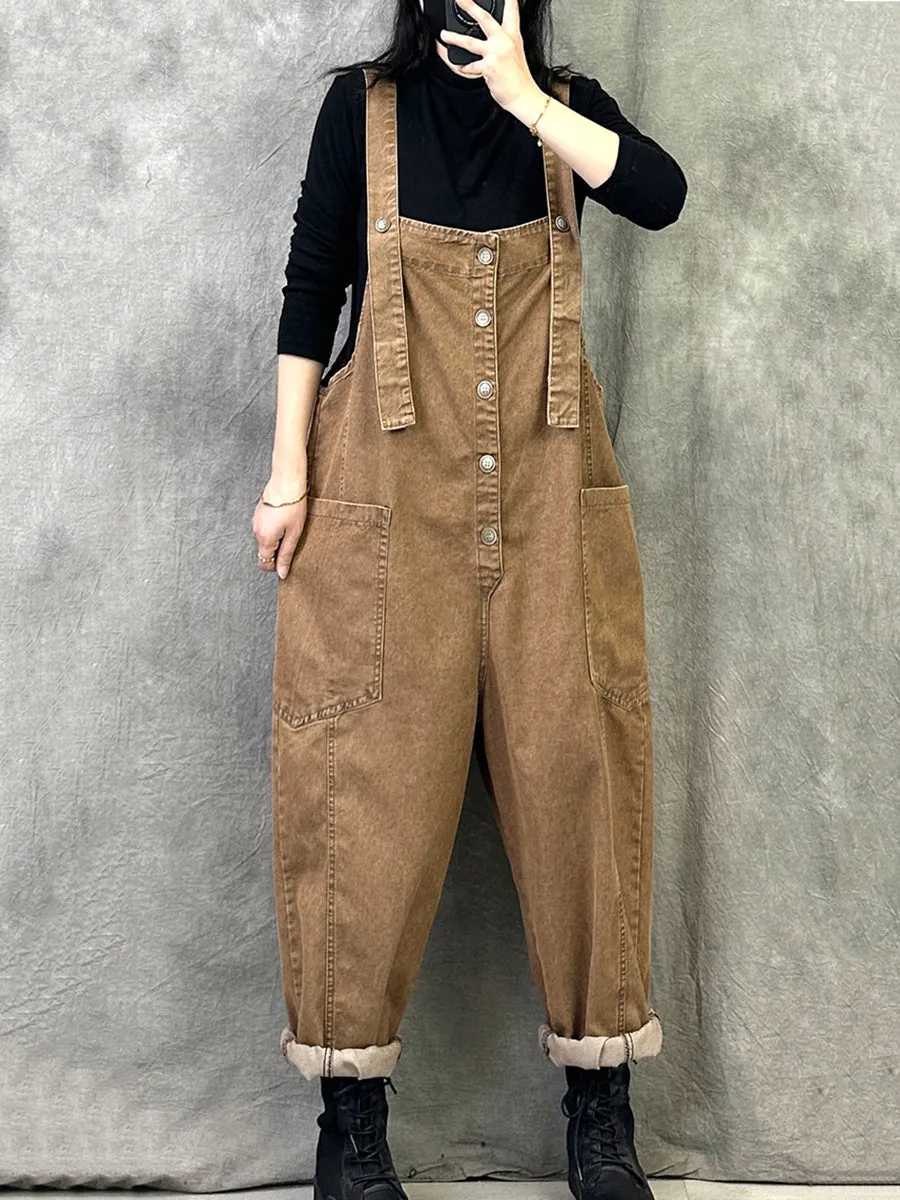 Women Summer Retro Pure Color Denim Jumpsuits