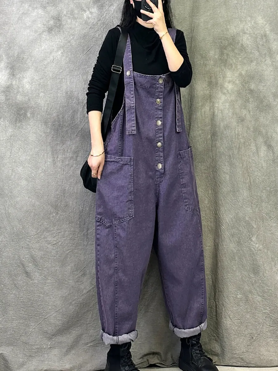 Women Summer Retro Pure Color Denim Jumpsuits