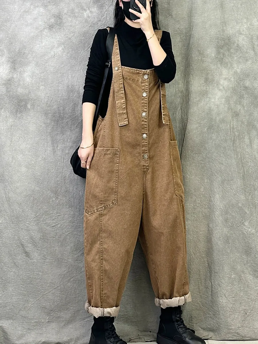 Women Summer Retro Pure Color Denim Jumpsuits