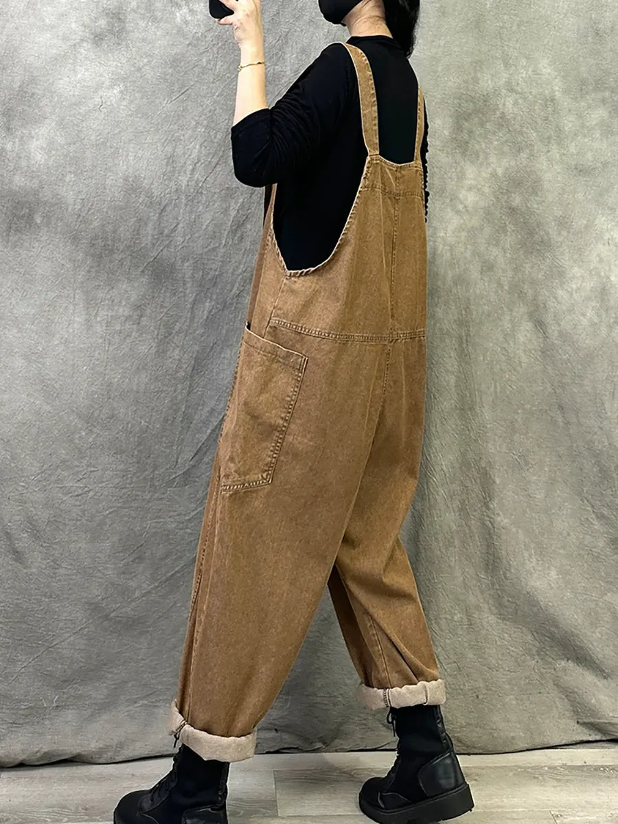 Women Summer Retro Pure Color Denim Jumpsuits