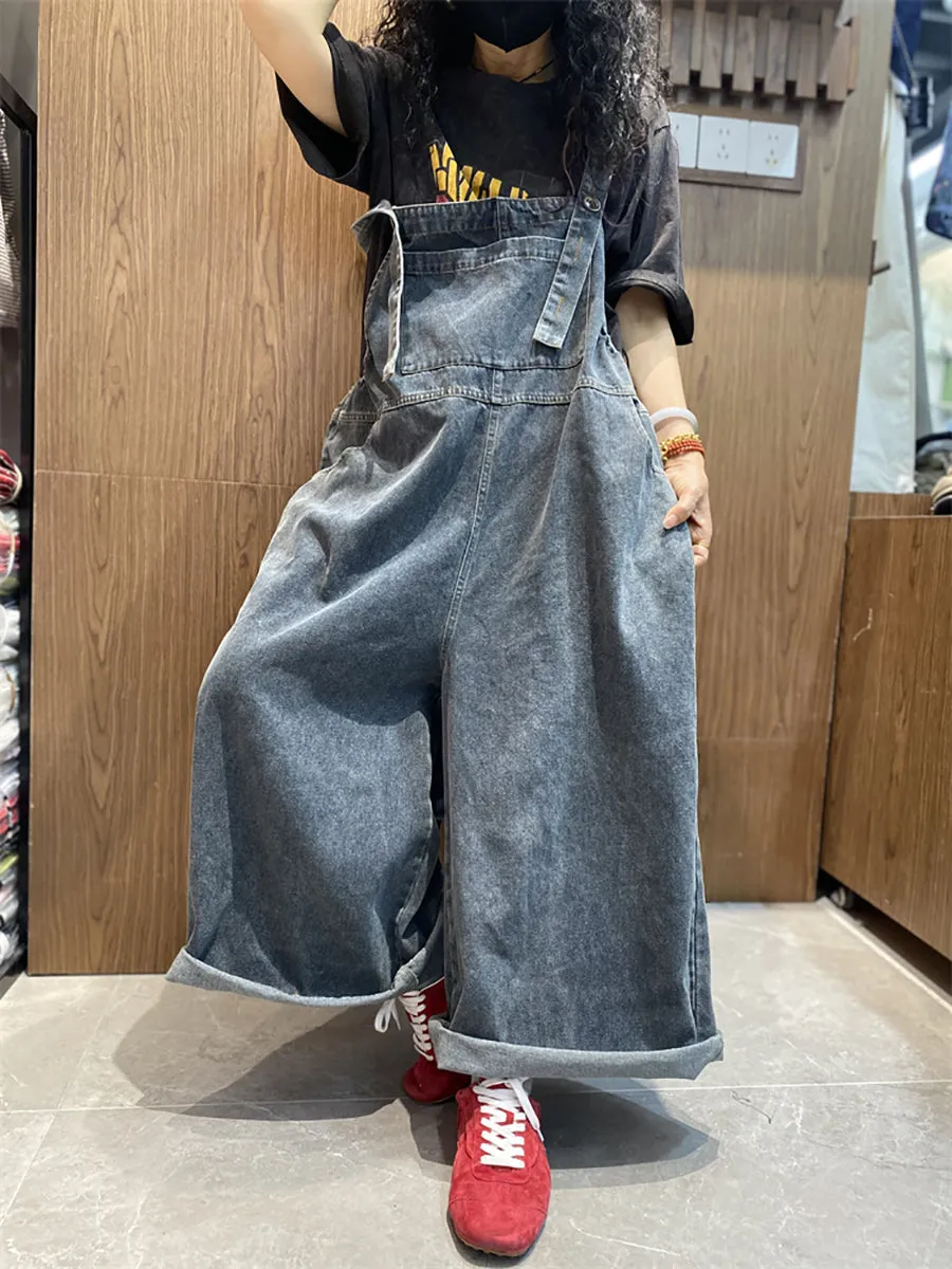 Women Summer Retro Pure Color Denim Long Jumpsuits