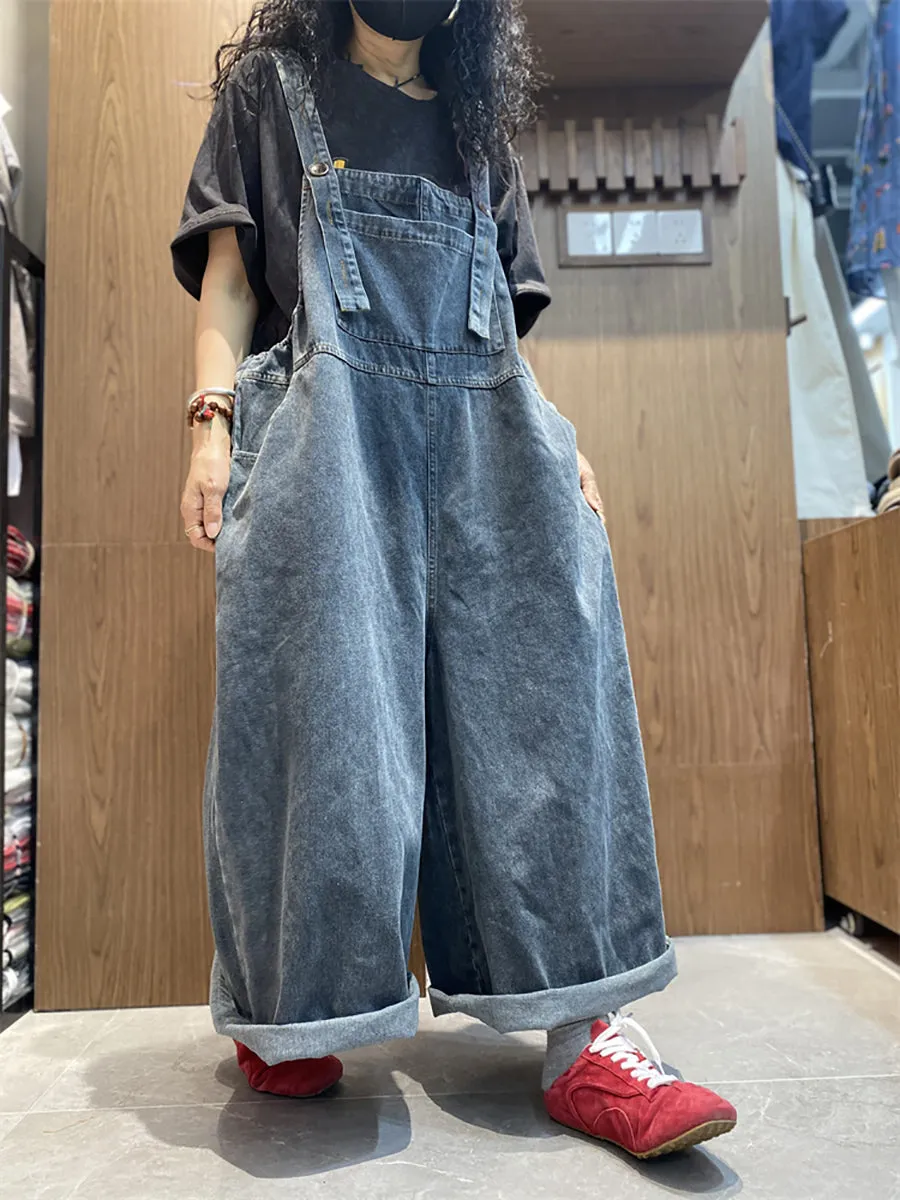Women Summer Retro Pure Color Denim Long Jumpsuits