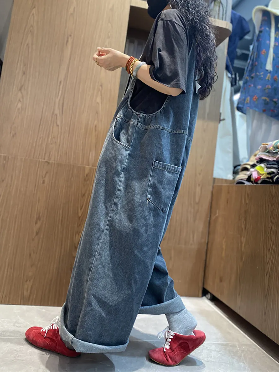 Women Summer Retro Pure Color Denim Long Jumpsuits