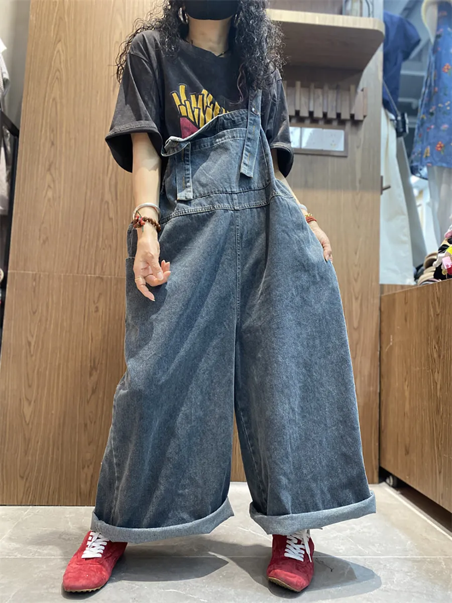 Women Summer Retro Pure Color Denim Long Jumpsuits