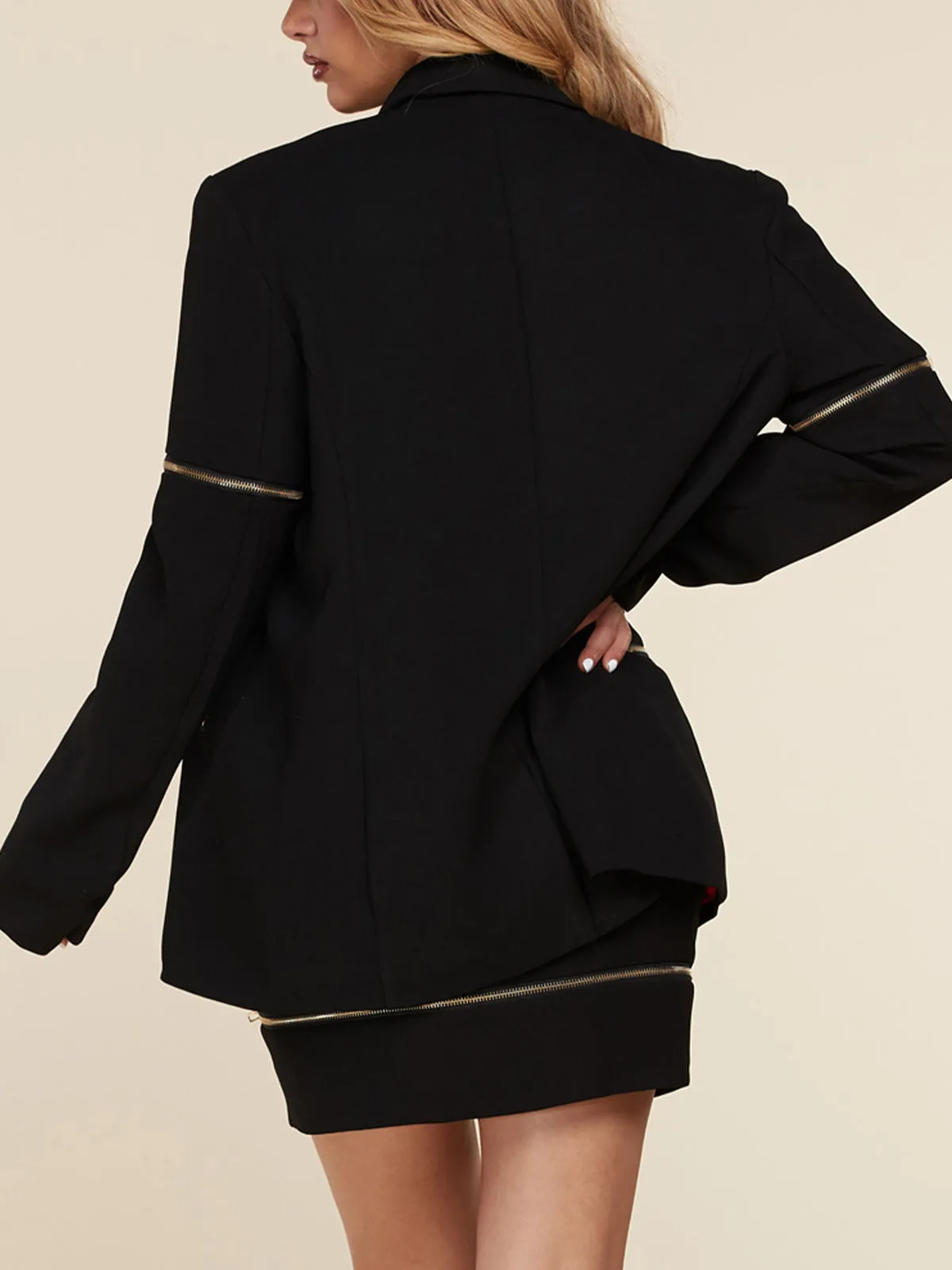 WOMEN'S 2PC. LONG SLEEVE JACKET & SKIRT ZIPPER DETAILED SET