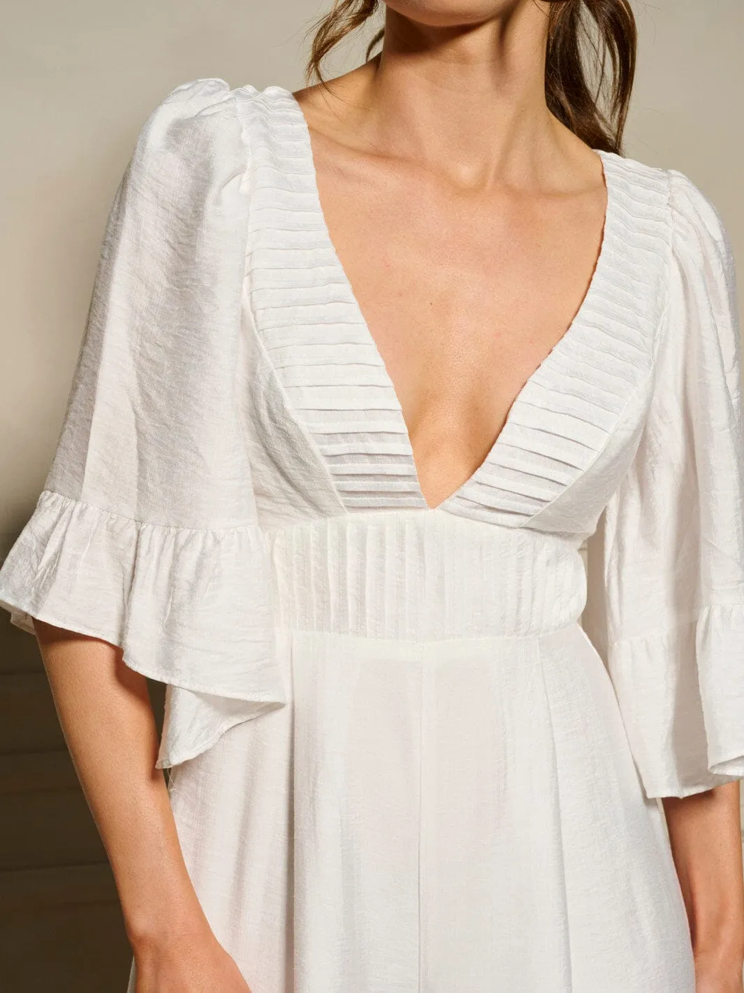 WOMEN'S 3/4 RUFFLE SLEEVE V-NECK DETAILED WIDE LEG JUMPSUIT