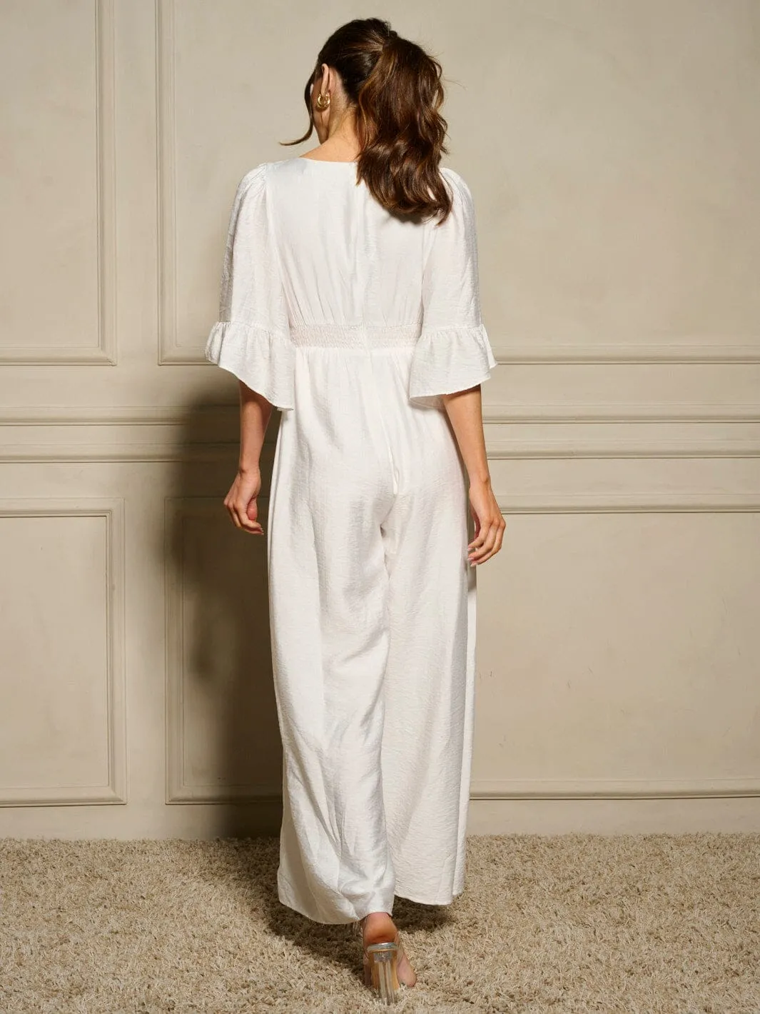 WOMEN'S 3/4 RUFFLE SLEEVE V-NECK DETAILED WIDE LEG JUMPSUIT